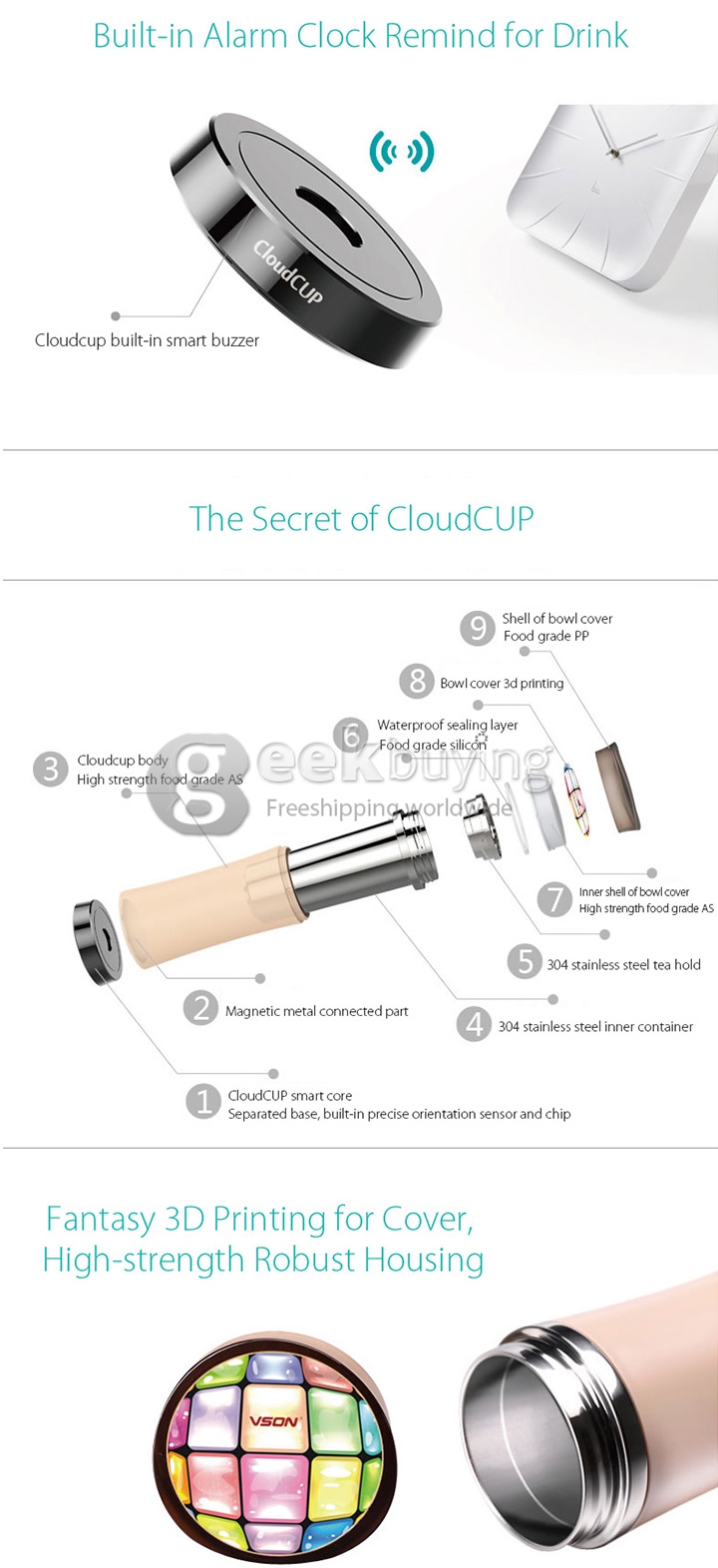 Cloudcup Multifunction Bluetooth 4.0 Smart Cup Vacuum Bottle Health Remind Drinking for iOS Android Smartphone - Black