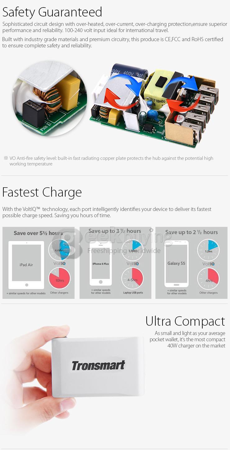 [Spain Stock] Tronsmart 40W 8A 5 Port Portable High Speed Desktop USB Charger with VoltIQ Technology for iPhone/iPad/Samsung - EU Plug