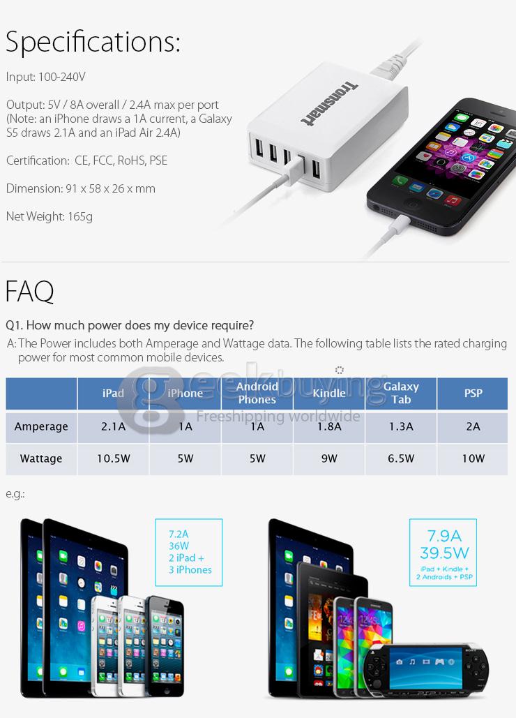 Tronsmart 40W 8A 5 Port Portable High Speed Desktop USB Charger with VoltIQ Technology for iPhone/iPad/Samsung - UK Plug