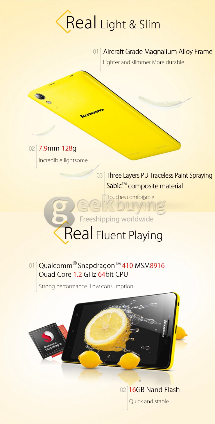 Lenovo Lemo K3 FDD-LTE 4G K3W 5.0inch Android 4.4 Phone Qualcomm MSM8916 Quad Core 64bit Smartphone 1GB 16GB IPS HD - White