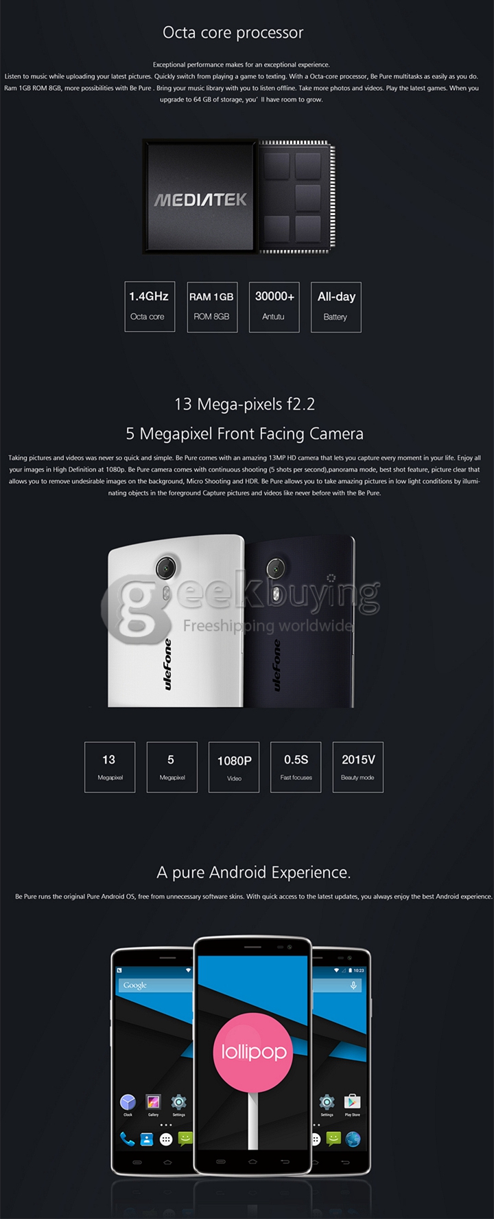 Ulefone Be Pure 5.0 Inch Android 4.4 1GB 8GB Smartphone MTK6592M Octa Core 1.4GHz 13.0MP 3G/GPS Gesture Wake- White