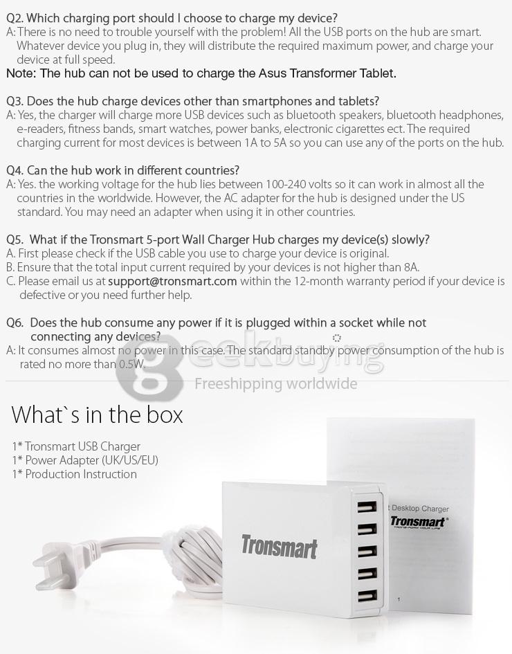 [Spain Stock] Tronsmart 40W 8A 5 Port Portable High Speed Desktop USB Charger with VoltIQ Technology for iPhone/iPad/Samsung - EU Plug