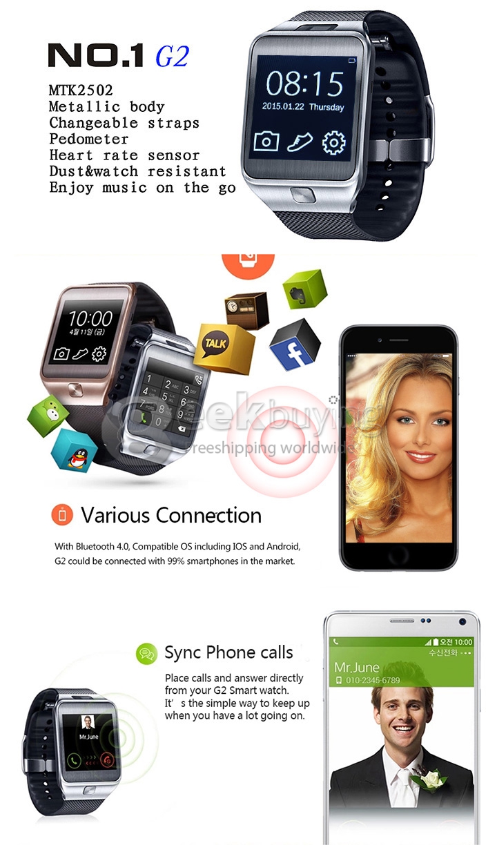 NO.1 G2 Bluetooth 4.0 1.54' Touch Screen Sapphire Glass Smart Watch MTK2502A 128MB/32MB 2.0MP for iOS Android -Orange Rubber Band