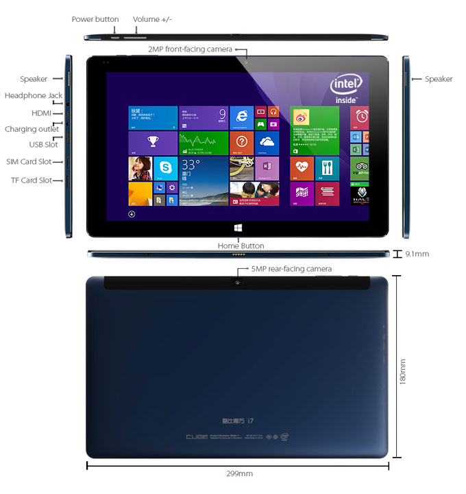 CUBE i7 4G Windows8.1 4GB/128GB 11.6 Inch Tablet PC Intel Core-M Dual Core 2.0GHz 1920*1080 New Era Licensed Windows PC - Black+Blue
