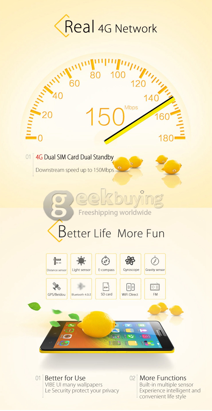 Lenovo Lemo K3 FDD-LTE 4G K3W 5.0inch Android 4.4 Phone Qualcomm MSM8916 Quad Core 64bit Smartphone 1GB 16GB IPS HD -Yellow