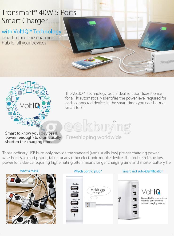 [Spain Stock] Tronsmart 40W 8A 5 Port Portable High Speed Desktop USB Charger with VoltIQ Technology for iPhone/iPad/Samsung - EU Plug