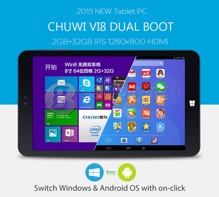 CHUWI Vi8 Ultimate Dual OS Windows8.1 + Android4.4 Tablet PC 8 Inch 2GB/32GB Intel Z3736F Quad Core 2.16GHz IPS 1280*800 Bluetooth WiDi OTG - White
