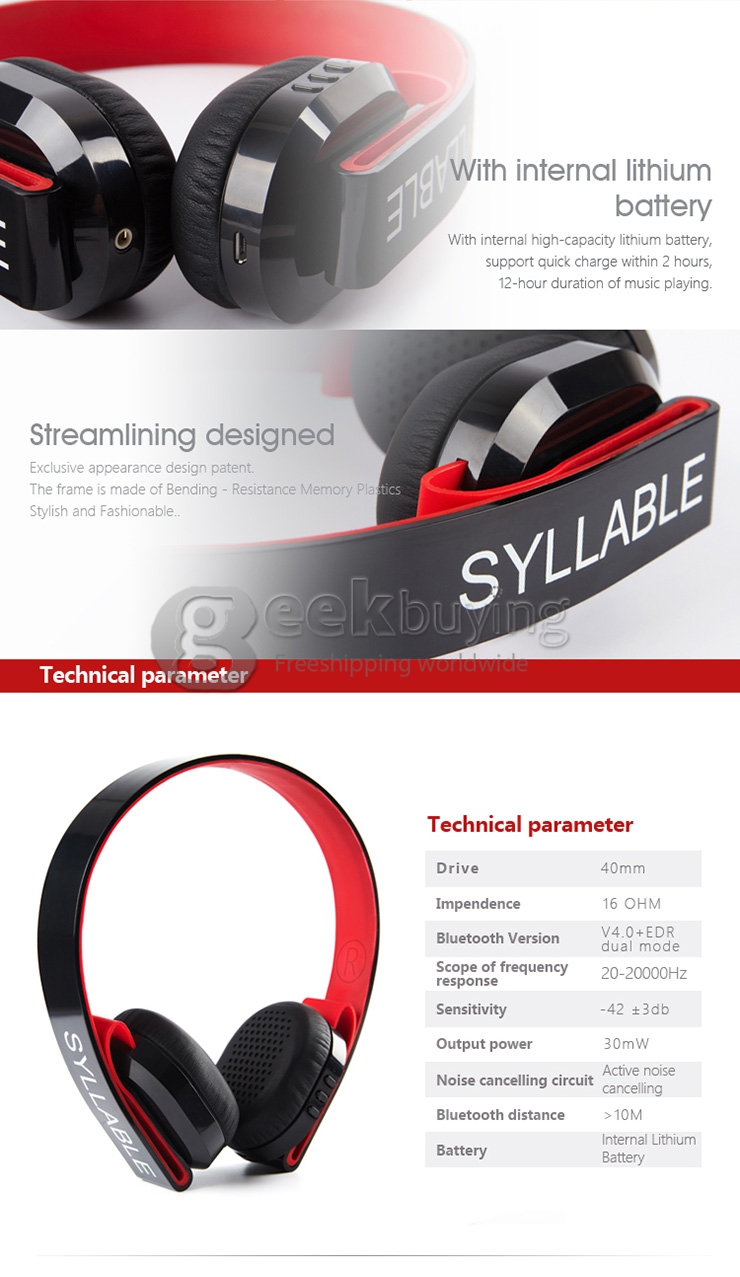 [US Stock] Syllable G600 Wireless Bluetooth 4.0 Headphone Earphone Deep Bass Built-in Mic / 40mm Speaker - Black + Red