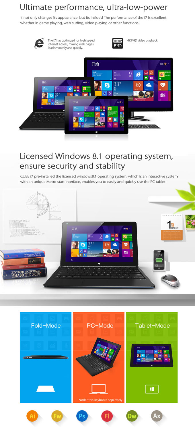 CUBE i7 4G Windows8.1 4GB/128GB 11.6 Inch Tablet PC Intel Core-M Dual Core 2.0GHz 1920*1080 New Era Licensed Windows PC - Black+Blue