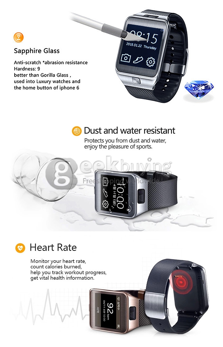 NO.1 G2 Bluetooth 4.0 1.54' Touch Screen Sapphire Glass Smart Watch MTK2502A 128MB/32MB 2.0MP for iOS Android -Orange Rubber Band