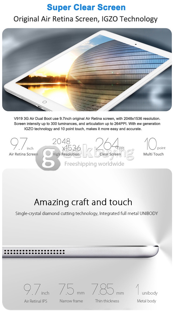 [HK Stock] Onda V919 3G Air Dual OS 2GB/64GB Phone Call Tablet PC Win8.1+Android4.4 Phablet Intel Z3736F Quad Core 2.4GHz 9.7 Inch IPS 2048*1536 OTG Bluetooth - Silver