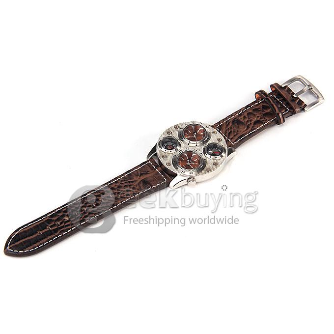 Oulm 1145 Multi-Function Male Watch with Dual Movt Dual Time Zones Compass And Thermometer Leather Band - Silver + Brown