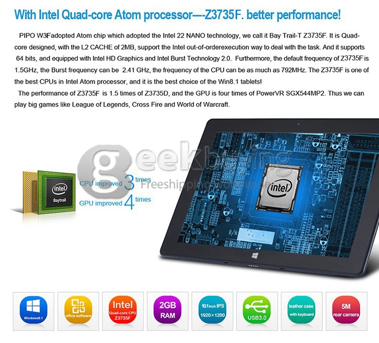 PIPO W3F 10.1 Inch Dual Boot Windows10 & Android4.4 Tablet PC 2GB/32GB Intel Z3735F Quad Core 1.83GHz IPS 1920*1200 HDMI Bluetooth WiFi - Black