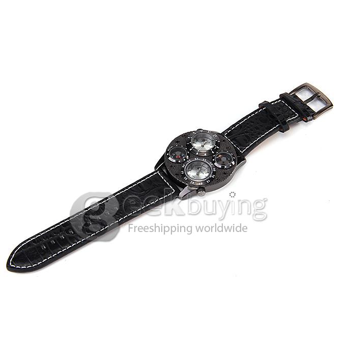 Oulm 1145 Multi-Function Male Watch with Dual Movt Dual Time Zones Compass And Thermometer Leather Band - Black