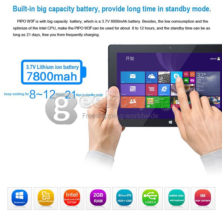 PIPO W3F 10.1 Inch Dual Boot Windows10 & Android4.4 Tablet PC 2GB/32GB Intel Z3735F Quad Core 1.83GHz IPS 1920*1200 HDMI Bluetooth WiFi - Black
