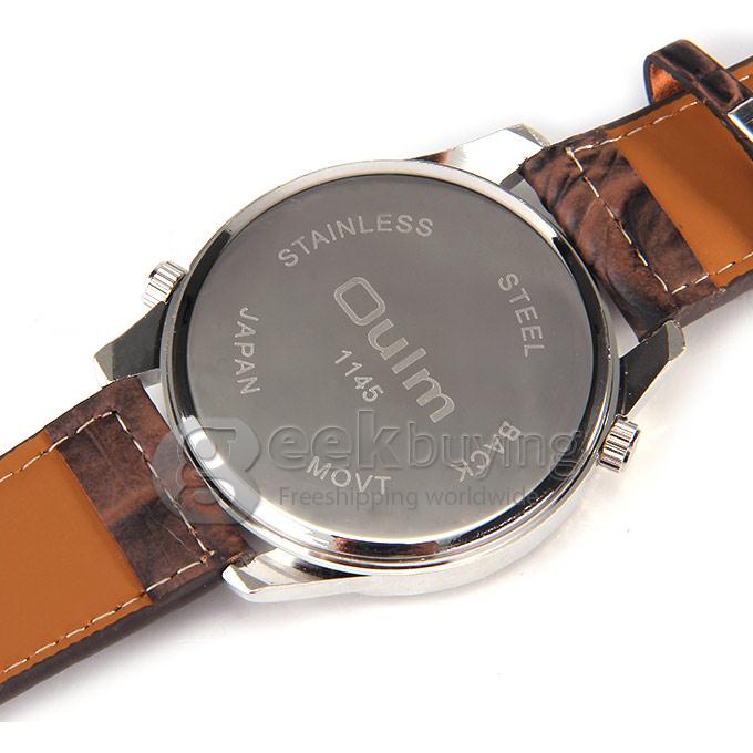 Oulm 1145 Multi-Function Male Watch with Dual Movt Dual Time Zones Compass And Thermometer Leather Band - Silver + Brown