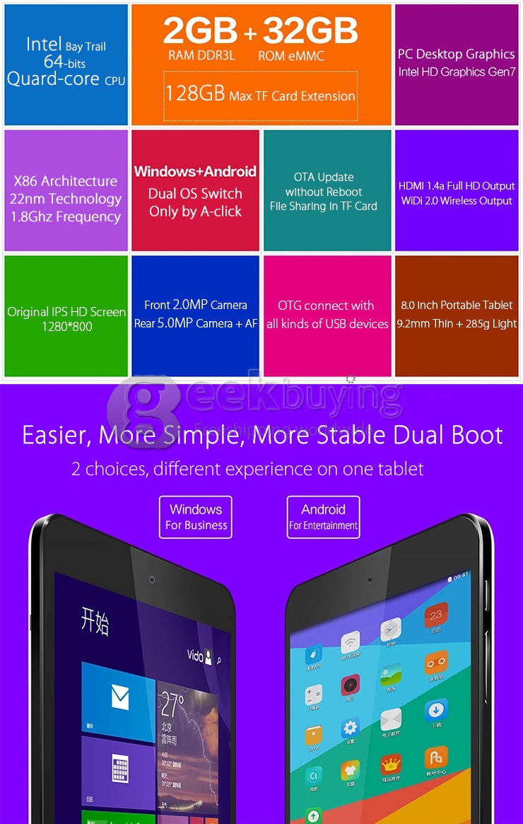 Vido W8C Free Light Dual OS Windows 8.1 & Android 4.4 Tablet PC 2GB/32G Intel Z3735F Quad Core 1.8GHz 8 Inch IPS 1280*800 HDMI WiFi OTG - Black + White