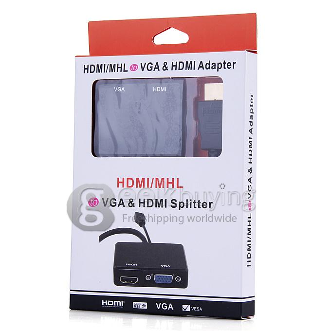 HDMI/MHL to HDMI & VGA Audio Splitter Converter Adapter with 3.5mm Audio Cable for Samsung Galaxy S3/S4/S5/Note2/3/4 - Black