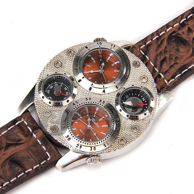 Oulm 1145 Multi-Function Male Watch with Dual Movt Dual Time Zones Compass And Thermometer Leather Band - Silver + Brown