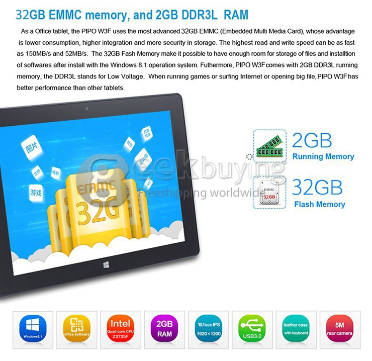 PIPO W3F 10.1 Inch Dual Boot Windows10 & Android4.4 Tablet PC 2GB/32GB Intel Z3735F Quad Core 1.83GHz IPS 1920*1200 HDMI Bluetooth WiFi - Black