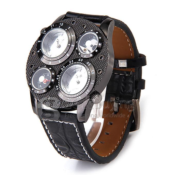 Oulm 1145 Multi-Function Male Watch with Dual Movt Dual Time Zones Compass And Thermometer Leather Band - Black