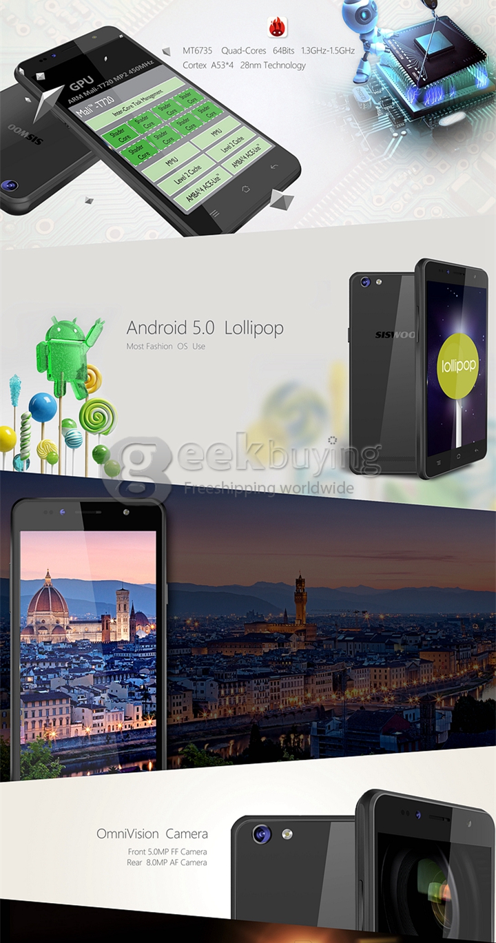 SISWOO C50 5.0inch 4G FDD-LTE Android 5.0 Smartphone MTK6735 Quad Core 1GB RAM 8GB ROM 8.0MP IPS HD - Black