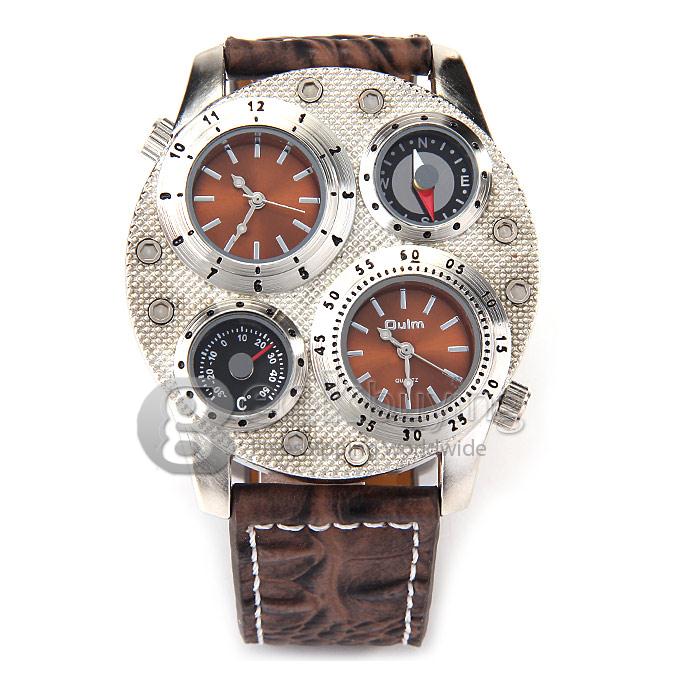 Oulm 1145 Multi-Function Male Watch with Dual Movt Dual Time Zones Compass And Thermometer Leather Band - Silver + Brown