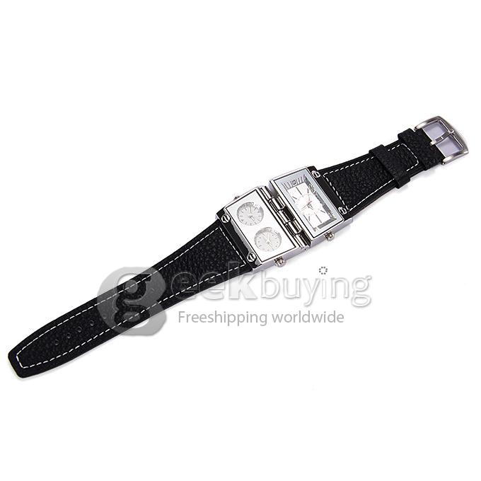 Oulm9525 Fashion Rectangular Dial Display Quartz Wrist Watch with Multiple Time Zones - Silver + Black