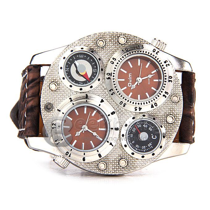 Oulm 1145 Multi-Function Male Watch with Dual Movt Dual Time Zones Compass And Thermometer Leather Band - Silver + Brown