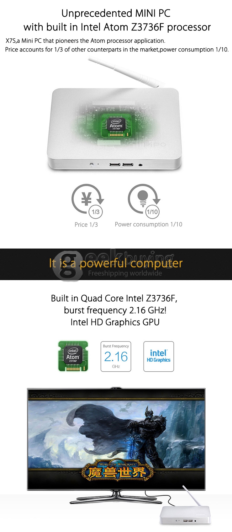 PIPO X7s X7 Dual Boot Intel Mini PC Windows 10 & Android 4.4 Intel Z3736F Quad Core 2GB RAM 32GB ROM WiFi Bluetooth - Black