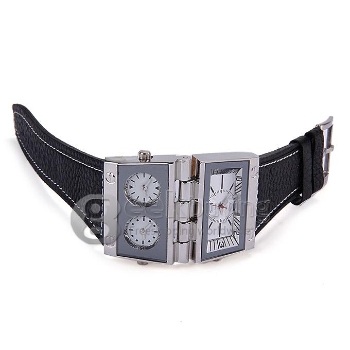 Oulm9525 Fashion Rectangular Dial Display Quartz Wrist Watch with Multiple Time Zones - Silver + Black