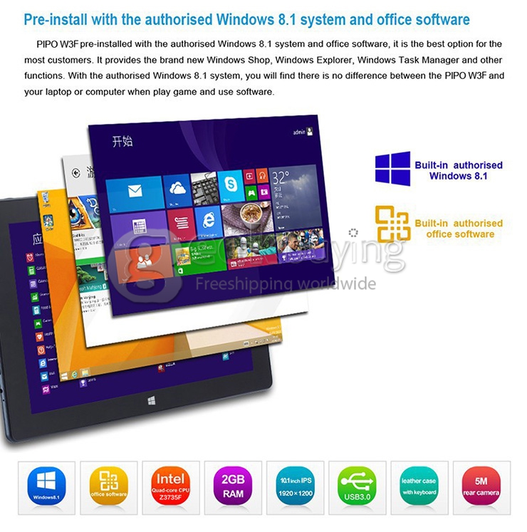 PIPO W3F 10.1 Inch Dual Boot Windows10 & Android4.4 Tablet PC 2GB/32GB Intel Z3735F Quad Core 1.83GHz IPS 1920*1200 HDMI Bluetooth WiFi - Black
