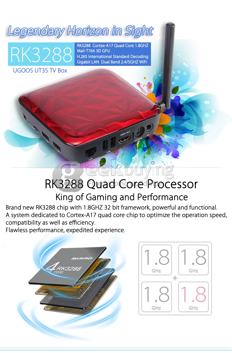 UGOOS UT3S Ubuntu 14.10 + Android 4.4 Dual Boot RK3288 Smart Media Player Quad Core HDMI 4G/32G Gigabit LAN 2.4GHz/5GHz WiFi 802.11a/c BT4.0 - Red