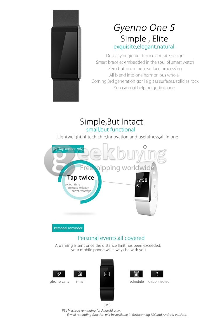 GYENNO One IP67 Bluetooth Smart Watch Health Wristband Sport Monitor for iOS Android - White