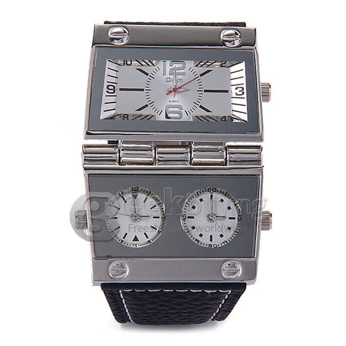 Oulm9525 Fashion Rectangular Dial Display Quartz Wrist Watch with Multiple Time Zones - Silver + Black