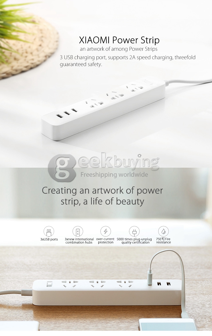 Xiaomi Mi Power Strip Patch Board with 3 USB Ports 2A Fast Charger Mini Socket + US Plug Travel Power Adaptor