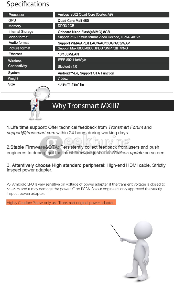 Tronsmart MXIII Android 4.4.2 TV Box Amlogic S802 Quad Core 2G/8G HDMI BT4.0 2.4G/5G 802.11a/b/g/n LAN XBMC OTG