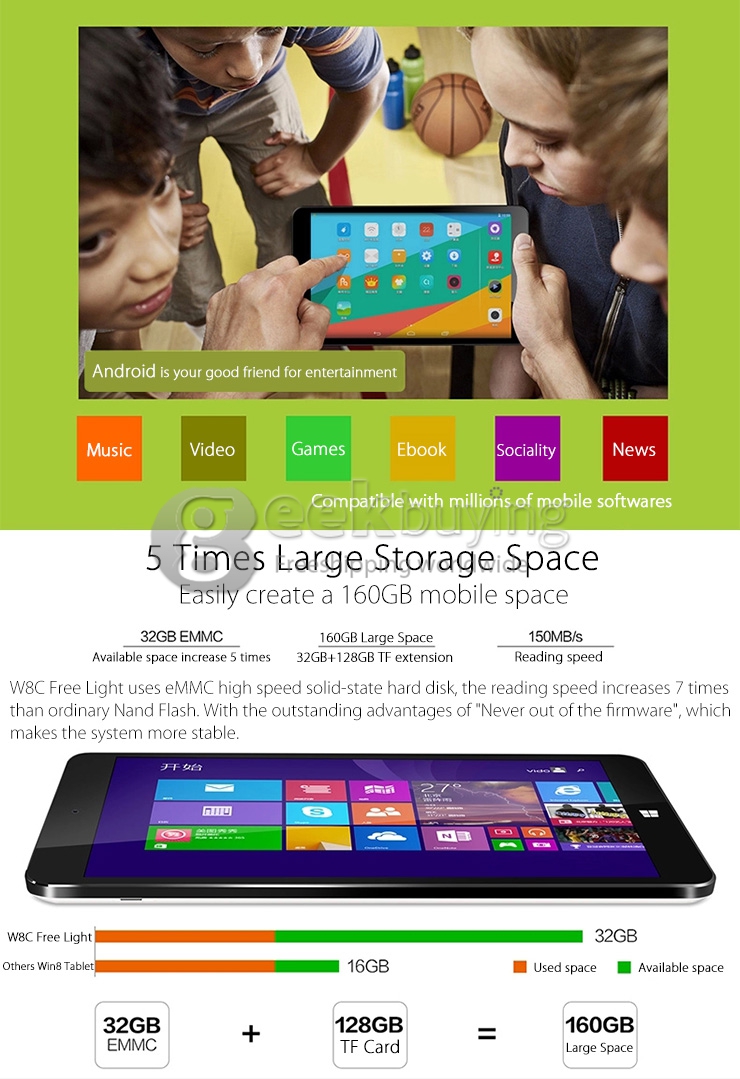 Vido W8C Free Light Dual OS Windows 8.1 & Android 4.4 Tablet PC 2GB/32G Intel Z3735F Quad Core 1.8GHz 8 Inch IPS 1280*800 HDMI WiFi OTG - Black + White