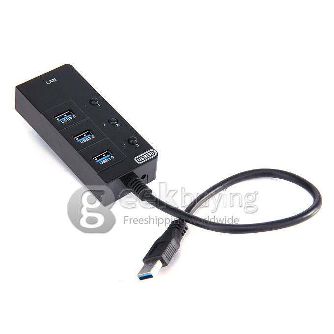 Extended 3 Ports USB 3.0 Hub with RJ45 Gigabit Ethernet - Black