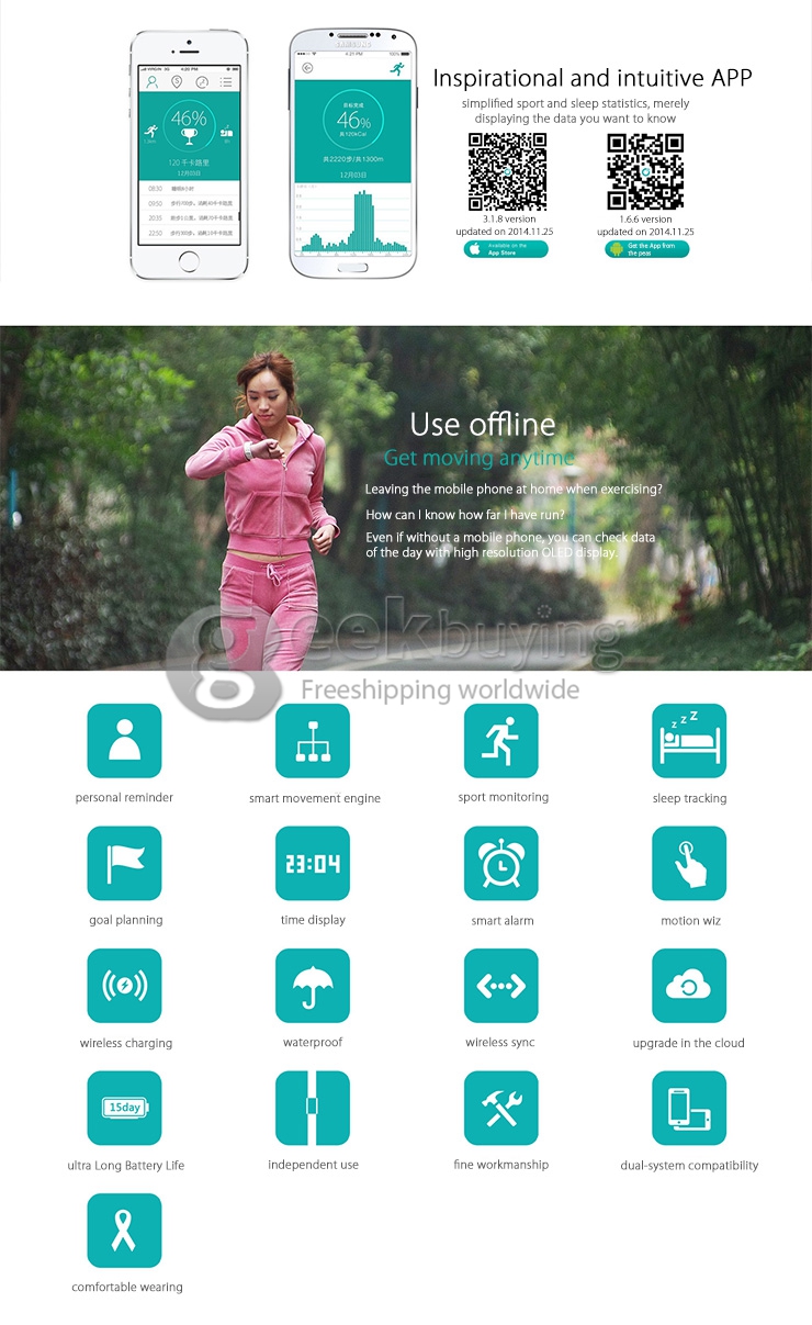 GYENNO One IP67 Bluetooth Smart Watch Health Wristband Sport Monitor for iOS Android - White