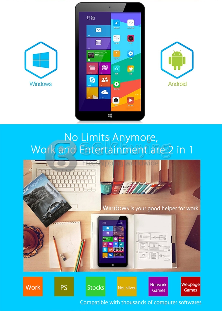 Vido W8C Free Light Dual OS Windows 8.1 & Android 4.4 Tablet PC 2GB/32G Intel Z3735F Quad Core 1.8GHz 8 Inch IPS 1280*800 HDMI WiFi OTG - Black + White