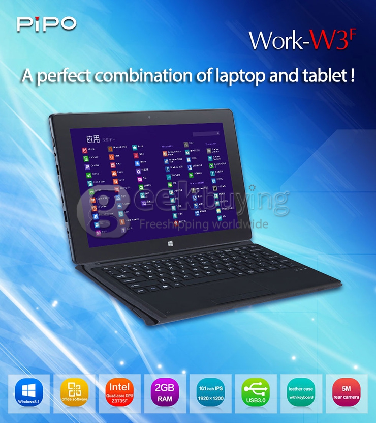 PIPO W3F 10.1 Inch Dual Boot Windows10 & Android4.4 Tablet PC 2GB/32GB Intel Z3735F Quad Core 1.83GHz IPS 1920*1200 HDMI Bluetooth WiFi - Black
