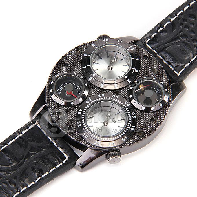 Oulm 1145 Multi-Function Male Watch with Dual Movt Dual Time Zones Compass And Thermometer Leather Band - Black