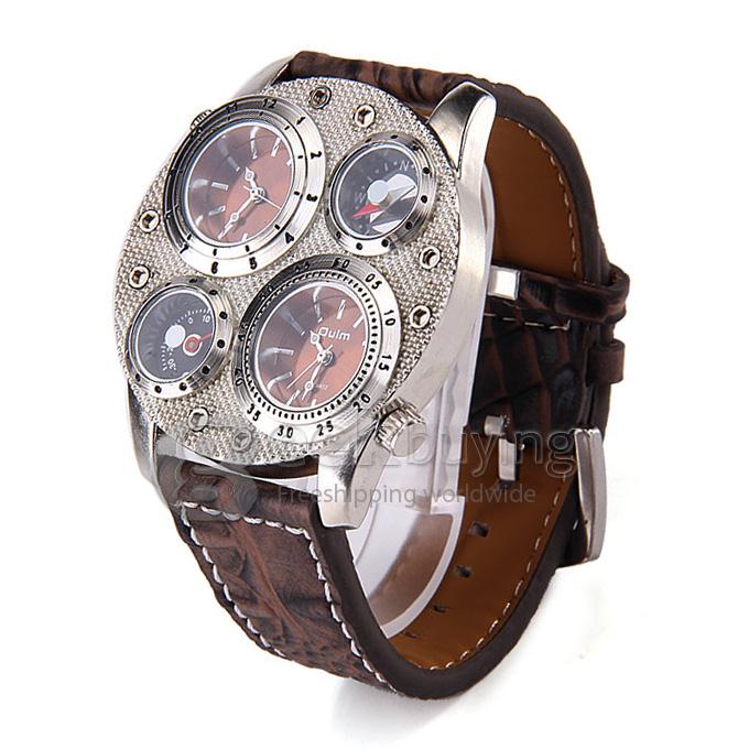 Oulm 1145 Multi-Function Male Watch with Dual Movt Dual Time Zones Compass And Thermometer Leather Band - Silver + Brown