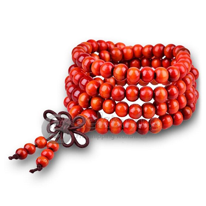 A002 Fashion Unisex 108 PCS Chinese Knot Bodhi Sandalwood Wooden Rosary Bead Bracelet - Reddish Orange