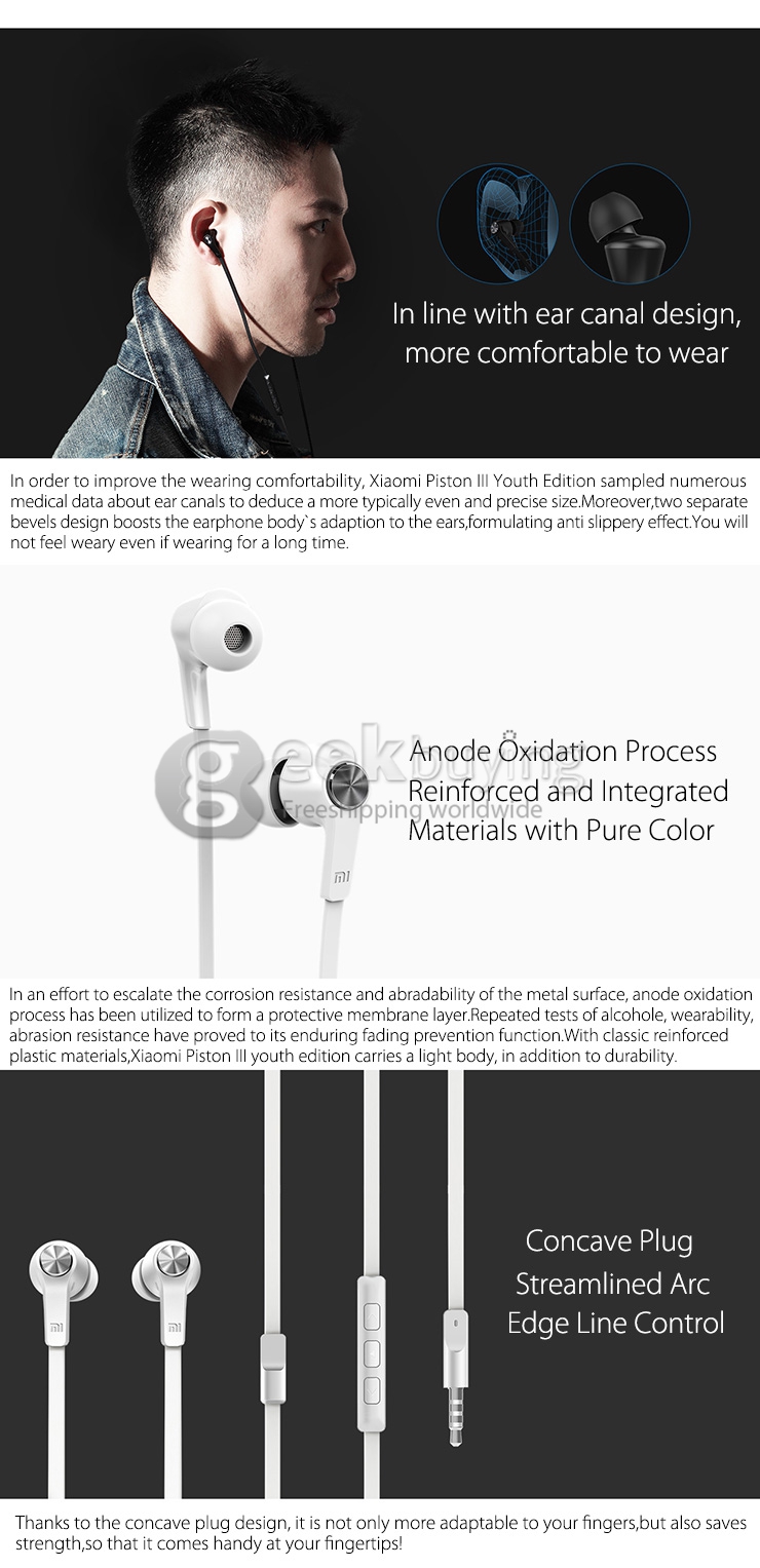 New Original Xiaomi Piston III Youth Edition 3.5mm In-ear Stereo Earbud Headphone For Xiaomi/Android/iPhone - White
