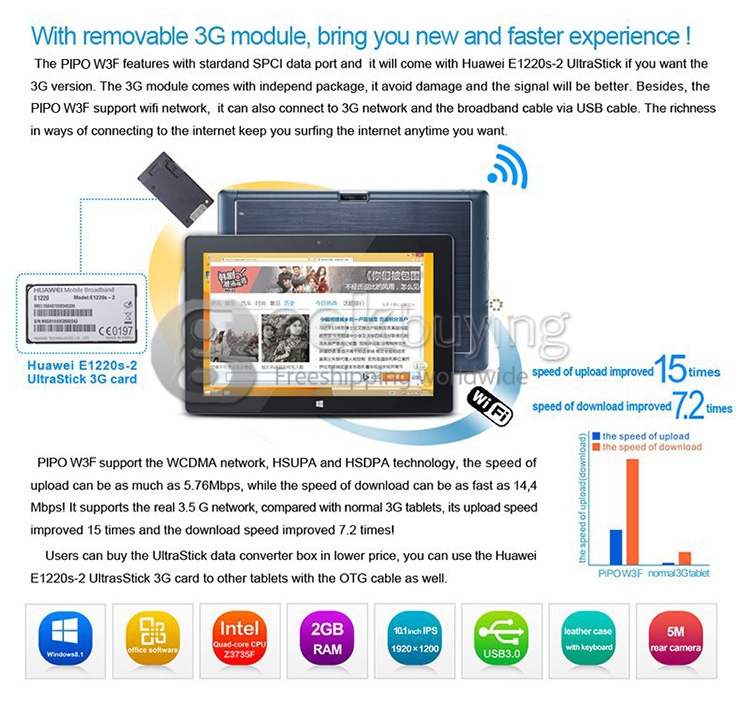 PIPO W3F 10.1 Inch Dual Boot Windows10 & Android4.4 Tablet PC 2GB/32GB Intel Z3735F Quad Core 1.83GHz IPS 1920*1200 HDMI Bluetooth WiFi - Black