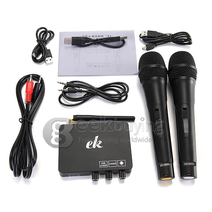 EK K2 USB Wireless Audio FM VHF Multimedia Kara OK Player With Mic 230MHz-270MHz 16DBm For Smartphone IPAD Smart TV TV Box MID