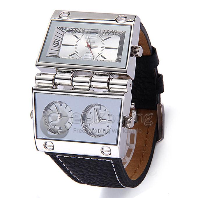 Oulm9525 Fashion Rectangular Dial Display Quartz Wrist Watch with Multiple Time Zones - Silver + Black