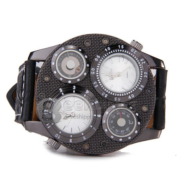 Oulm 1145 Multi-Function Male Watch with Dual Movt Dual Time Zones Compass And Thermometer Leather Band - Black